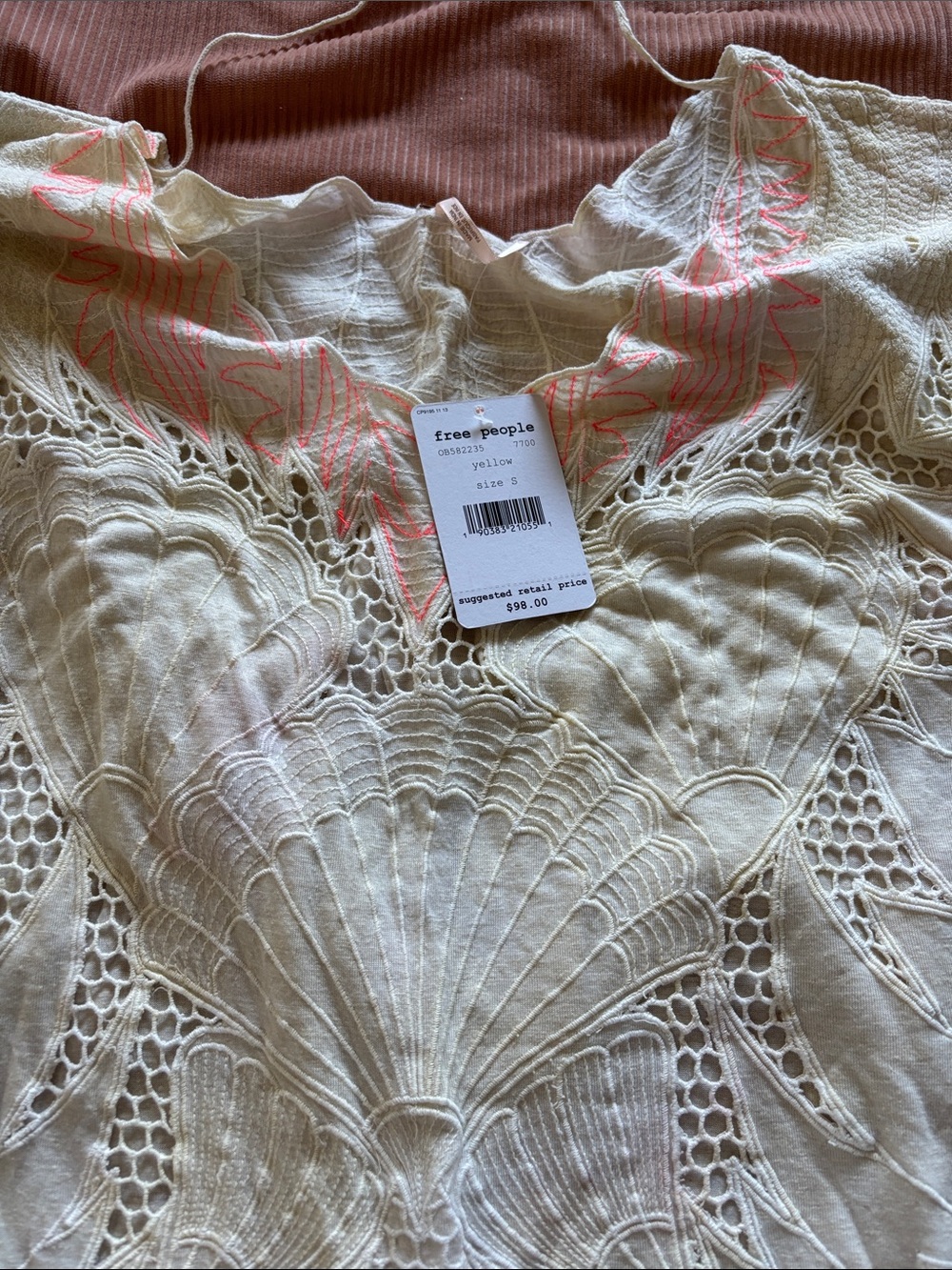 Free People Cream Lace Shell with Neon Pink Stitching